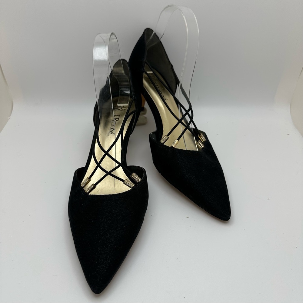 New J.Renee Metallic Gold Glitter Pump Size 9W Affair Strappy Party Heels Black - Picture 4 of 12